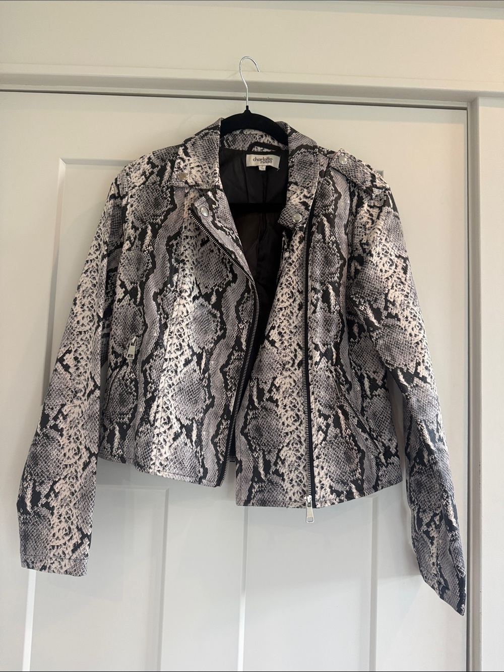 Charlotte Russe Black & Gray Snake-Print Faux Leather Moto Jacket - Like New S